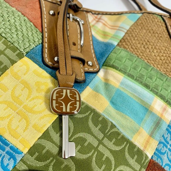 FOSSIL Key Fob Multicolor Argyle Patchwork Leather Canvas Shoulder Handbag Xbody - Picture 2 of 12